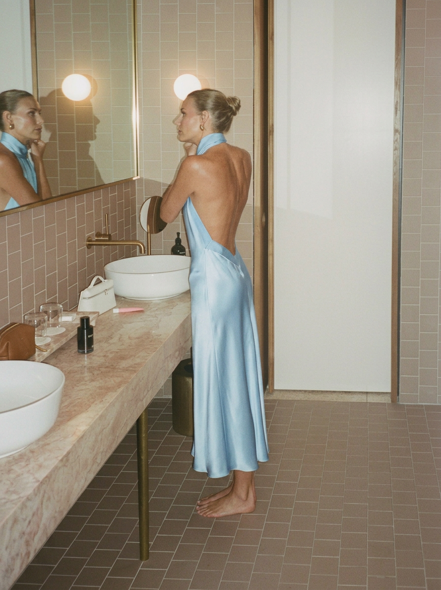 Powder blue satin halter midi dress