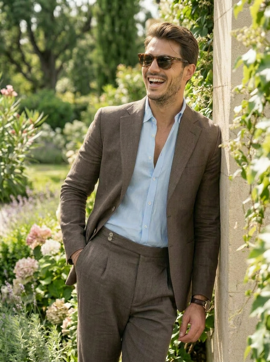 Brown linen suit with light blue shirt